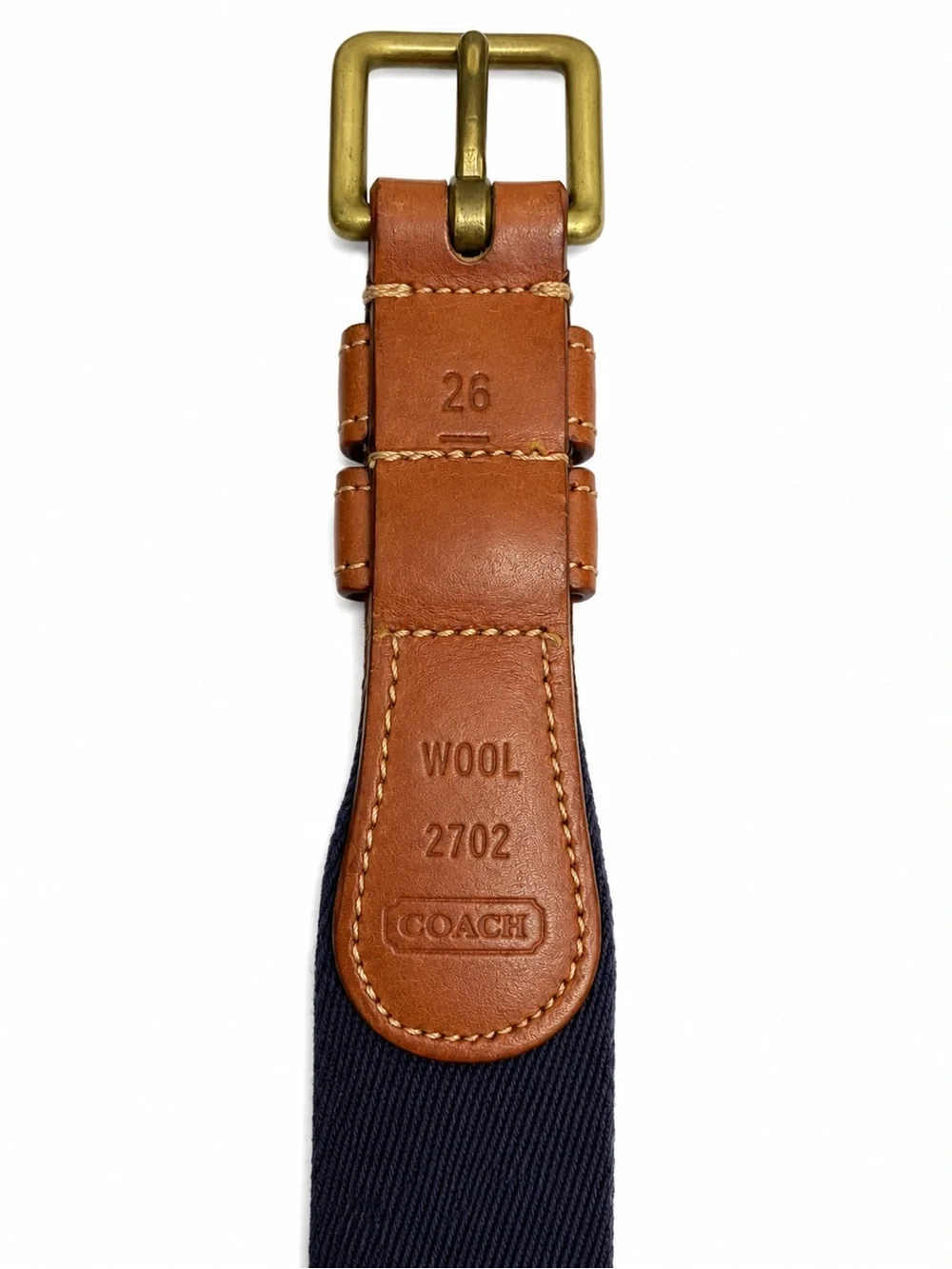 Vintage Coach 2702 Wool Surcingle Belt Navy Tan Leather Brass Buckle Size 26